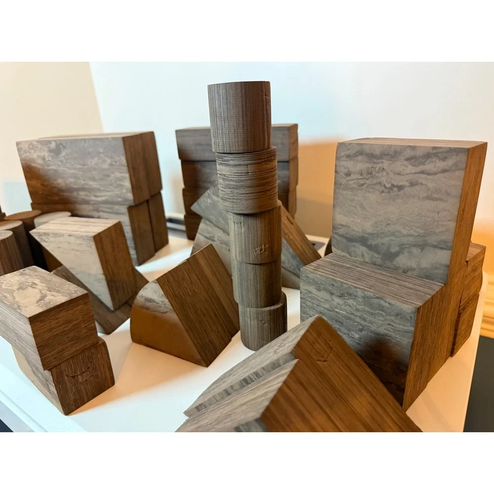Unbranded Wooden Building Blocks Kids OS Brown Marble Grain Geometric Shapes Set